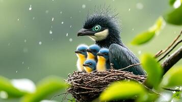 A vibrant bird nurturing its four chicks in a lush green environment during a gentle rain photo