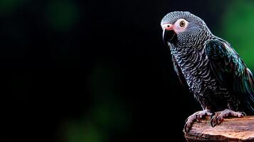 A striking grey parrot perched on a branch, surrounded by a softly blurred green background photo
