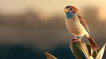 A vibrant bird perched on a green leaf with a blurred cityscape in the background photo