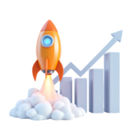 A rocket is flying over a chart with a growing graph png