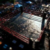 aerial perspective reveals vacant boxing ring meticulously arranged chairs surrounding square canvas and water bottles positioned neatly illuminated striking overhead lights photo