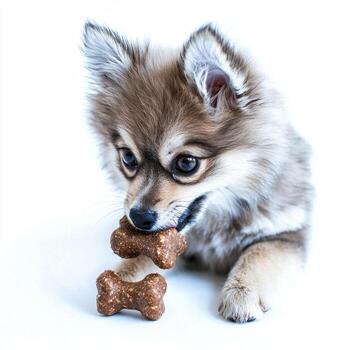 Alaska Klee kai felizmente masticación en hueso. juguetón perro es Destacados en contra prístino blanco antecedentes exhibiendo sus único piel modelo y caracteristicas foto