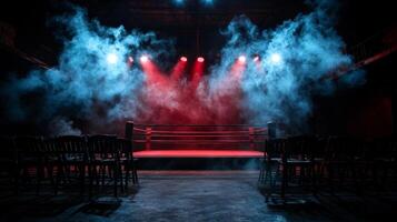 empty boxing ring is illuminated single overhead spotlight surrounded fog and scattered chairs creating gritty and atmospheric environment for potential matches photo