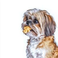 Shih Tzu is happily chewing on bone while captured from side on clean white background. dog's fur is fluffy and well groomed showcasing its playful expression photo