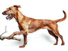 Irish Wolfhound is seen in side view enthusiastically chewing on bone. clean white background highlights dog's detailed fur and joyful expression photo