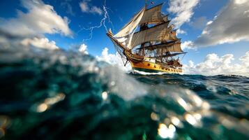 tall ship fully rigged sails leans dramatically amid towering waves in fierce storm illuminated flashes of lightning against cloudy sky photo