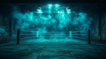 boxing ring stands empty illuminated single spotlight. Fog from smoke machine envelops space enhancing atmosphere while scattered chairs add gritty setting photo