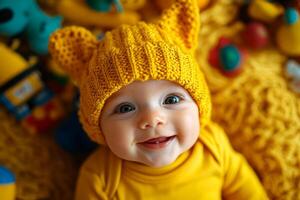 Smiling Caucasian baby wearing bright yellow outfit and knitted hat lies on soft blanket colorful toys scattered around. Natural light brightens cheerful scene in cozy indoor setting photo