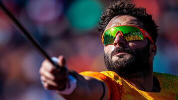 para athlete demonstrates remarkable skill while throwing javelin using prosthetic arm in vibrant stadium environment. clear blue sky adds dynamic atmosphere of competition photo