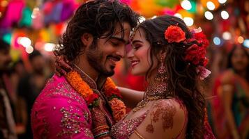 joyful young Indian couple poses warm smiles on bustling street market surrounded colorful stalls and energy of midday. vibrant atmosphere reflects cultural richness and romance photo