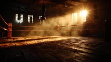 empty boxing ring sits in dimly lit gym sunlight filtering through dusty windows. warm light highlights ropes and canvas creating serene atmosphere photo