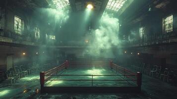 empty boxing ring stands solitary spotlight amid swirling fog while scattered chairs hint recent activity in gritty atmospheric setting photo