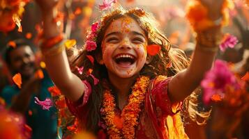 South Asian girl in colorful sari spins around in delight lively festival surrounded vibrant decorations and energetic people enjoying festivities photo