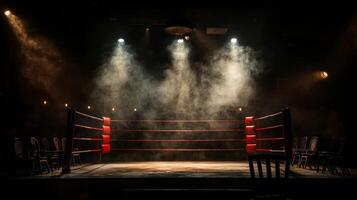 empty boxing ring waits single spotlight enveloped in fog from smoke machine. Scattered chairs add gritty atmospheric feel of dramatic setting photo