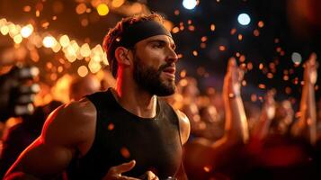 Middle Eastern athlete triumphantly crosses finish line utilizing running blade prosthetic. crowd erupts in cheers dramatic lighting illuminating moment photo