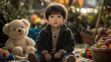 cheerful toddler sits on colorful picnic blanket in sunny park surrounded various toys and basket filled fresh fruit creating lively and warm atmosphere photo