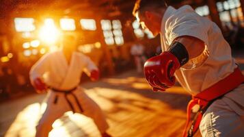 Caucasian martial artist prosthetic arm engages in sparring practice partner in dojo. wooden floor reflects natural light from large windows creating dynamic atmosphere photo
