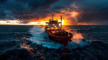 large cargo ship struggles against monumental waves in violent storm while lightning flashes in dark sky creating dramatic backdrop of turbulent ocean waters photo