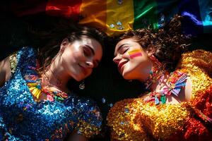 Two young women share joyful moment on picnic blanket in park holding hands and laughing together bright sunlight rainbow flag and books around them photo