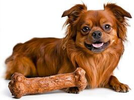 cheerful Tibetan Spaniel is seen chewing on delicious bone. dog's fluffy coat is well groomed and shines brightly complementing its playful demeanor photo