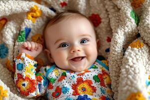 cheerful baby is lying on cozy blanket featuring vibrant colors surrounded playful toys. Soft light fills space creating inviting atmosphere photo