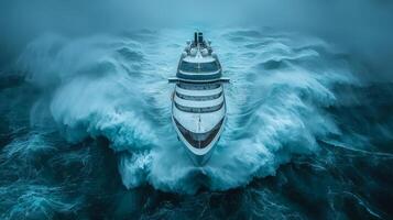 massive cruise ship sails through turbulent waters while facing strong winds and heavy rainfall. drone view highlights swirling waves surrounding vessel during storm photo