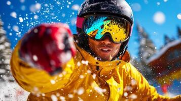 Asian snowboarder performs dynamic jump on snowy mountain slope showcasing skill and determination. Flying snow powder creates stunning backdrop in bright sky conditions photo