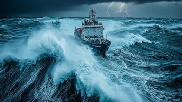 cargo ship navigates towering waves in fierce storm as lightning strikes illuminate dark clouds above. ocean's turbulence creates dramatic atmosphere of struggle photo