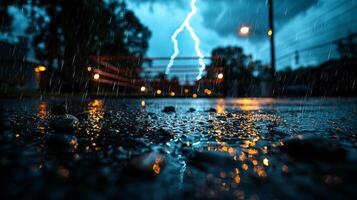 Rain pours heavily on outdoor boxing ring puddles forming around it. Dark clouds loom overhead while vivid lightning flashes in background creating intense atmosphere photo