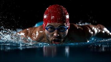 Professional swimmer takes dynamic dive into pool creating splash as bright lights illuminate scene. athlete's prosthetic arm highlights resilience and strength photo