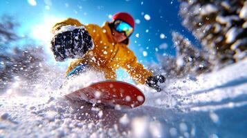 Asian snowboarder performs mid air jump on snow covered mountain slope showcasing athleticism leg prosthetic as powder flies in vibrant backdrop photo