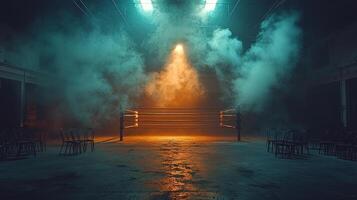 empty boxing ring stands illuminated single spotlight surrounded fog from smoke machine. Scattered chairs suggest recent event or anticipation of upcoming match photo