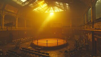 empty boxing ring sits in dimly lit venue shrouded in fog from smoke machine. Scattered chairs create chaotic atmosphere around solitary spotlight shining down photo