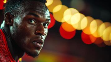 African American sprinter advances down track fierce concentration while using running blade prosthetic. vibrant stadium lights enhance electrifying atmosphere of race photo