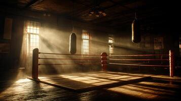 Sunlight filters through dusty windows illuminating empty boxing ring in dimly lit gym. Silhouetted punching bags hang in background casting faint shadows on floor photo