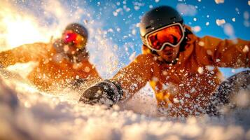 Asian snowboarder executes dynamic mid air jump on snowy slope showcasing athleticism and resilience as powder flies around against bright sky backdrop photo