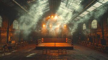 empty boxing ring stands alone in abandoned warehouse shrouded in fog from smoke machine. Chairs are scattered around illuminated single overhead light creating atmospheric feel photo