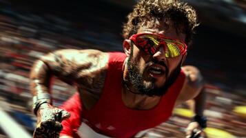 Middle Eastern runner strides across finish line powered running blade prosthetic. dramatic energy of stadium captures intensity of moment photo