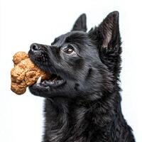 Schipperke is happily enjoying large bone showcasing its playful nature. side view highlights dog's features and expressions on bright clean backdrop photo