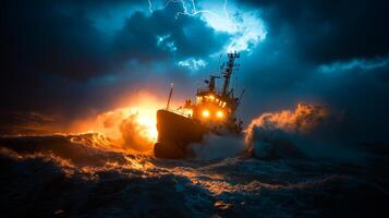 large cargo ship battles towering waves amid fierce storm dark clouds overhead and lightning illuminating chaotic sea. dramatic moment captures nature's power photo