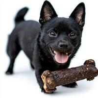 Schipperke enjoys chewing on bone enthusiasm while standing on clean white surface. dog's playful demeanor and shiny coat capture joy of moment photo