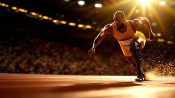 African American sprinter races on professional track showcasing exceptional speed and determination carbon fiber running blade during competitive event photo