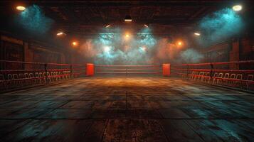 empty boxing ring stands alone in environment filled fog from smoke machine photo