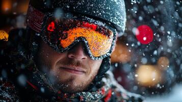 Asian snowboarder gracefully navigates fresh powder on sunny mountain slope. Vivid snow is kicked up as they carve through terrain showcasing their titanium leg prosthetic photo