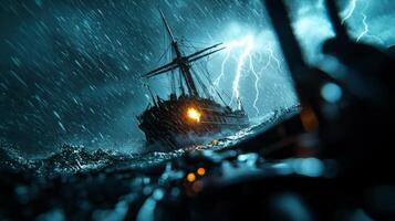 majestic tall ship navigates treacherous waters leaning perilously as powerful waves crash against its hull. Lightning strikes enhance dramatic atmosphere of storm photo