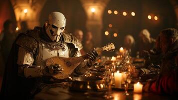 robot dressed in sleek white tuxedo performs on stage playing golden lute for medieval nobles seated candlelit banquet tables surrounded elegant stone arches photo