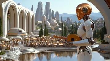 robot entertains medieval nobles while playing golden lute in remarkable venue filled candlelit banquet tables and grand stone arches. atmosphere is elegant and festive photo