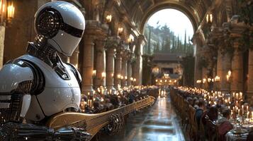 robot dressed in white tuxedo entertains medieval nobles playing golden lute on vibrant stage. Long banquet tables silver goblets and candles enhance festive atmosphere photo