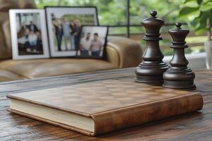 cozy living room features stylish blank photo album on wooden table surrounded scattered family pictures and chess pieces adding touch of warmth and nostalgia
