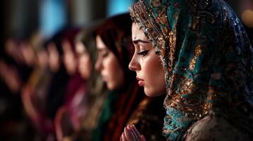 row of women in colorful hijabs stand folded hands in prayer during Eid al Fitr gathering mosque enveloped in soft lighting reflecting deep devotion and unity photo